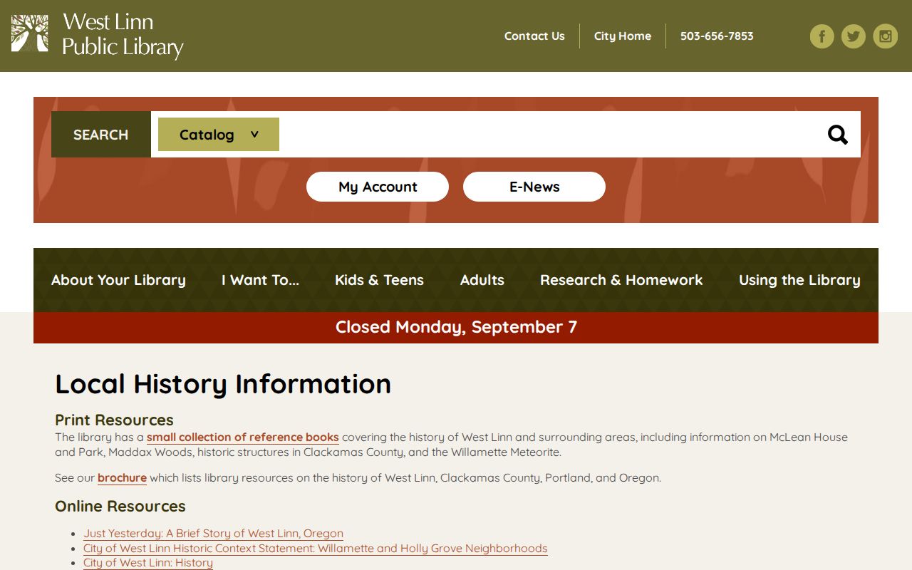 West Linn city directory research through the West Linn Library local-history page