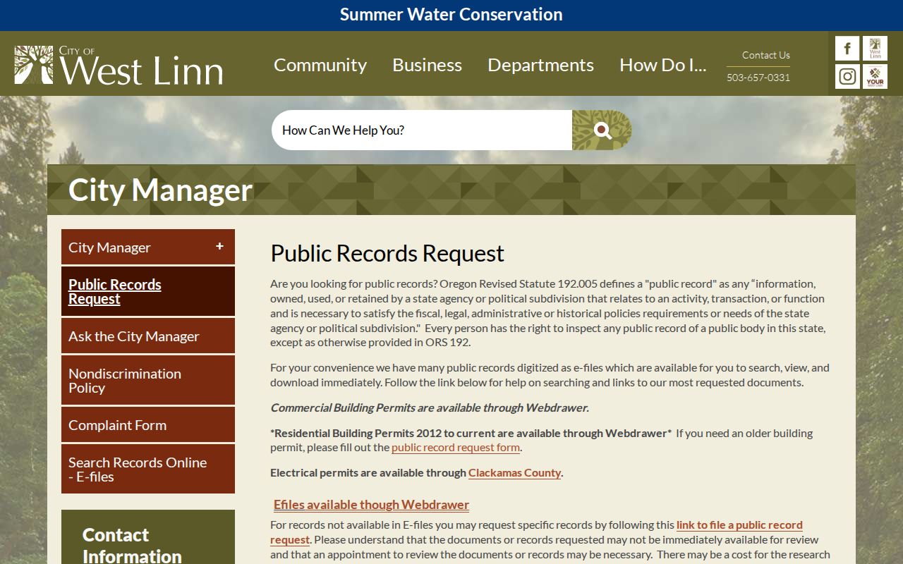 West Linn residents directory City public records request page