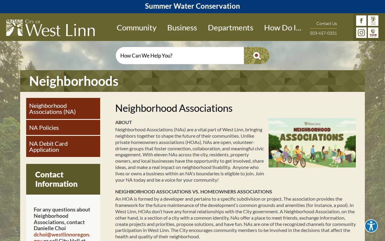 West Linn neighbors neighborhood associations page showing civic association information