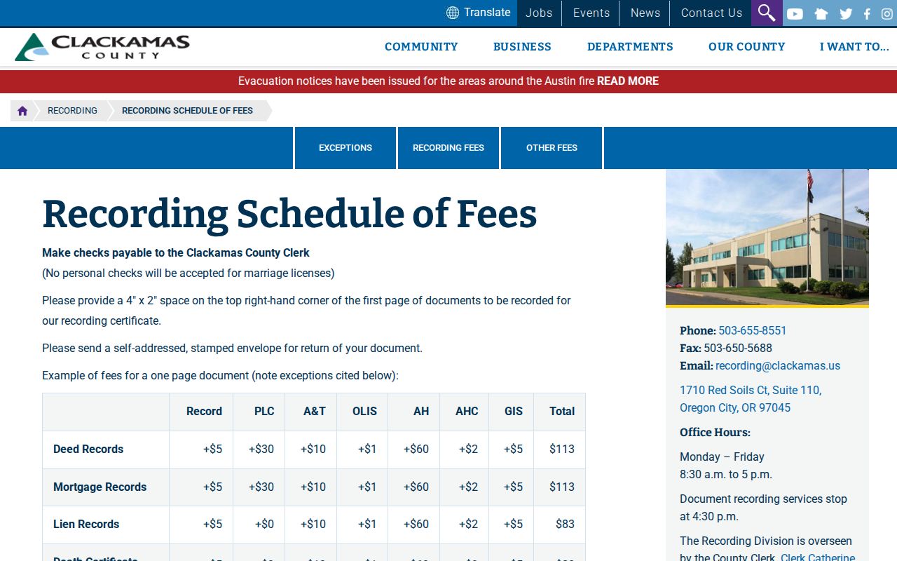 West Linn previous residents Recording Division counter fee schedule for deed research
