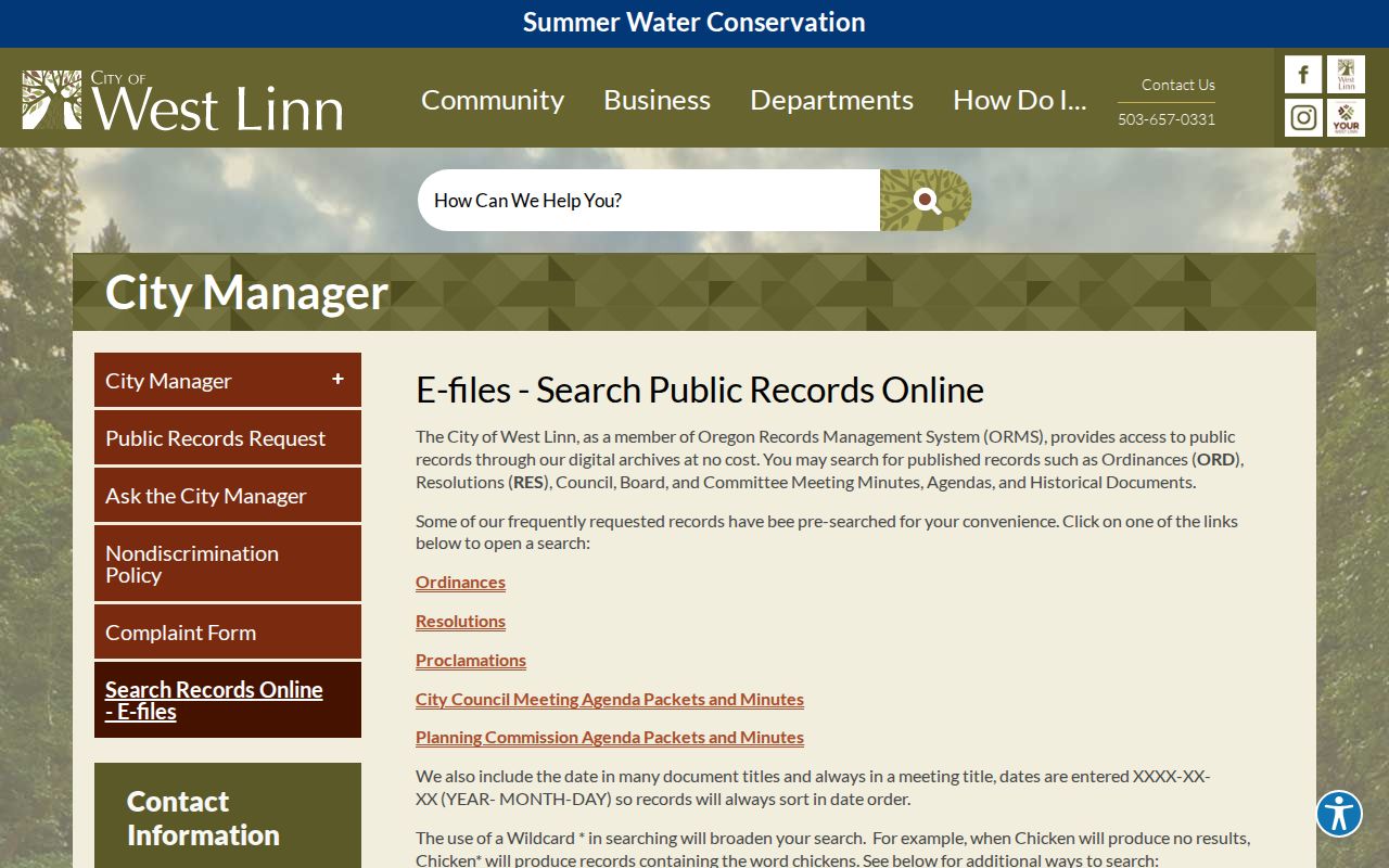 West Linn street directory Webdrawer page for address and permit research
