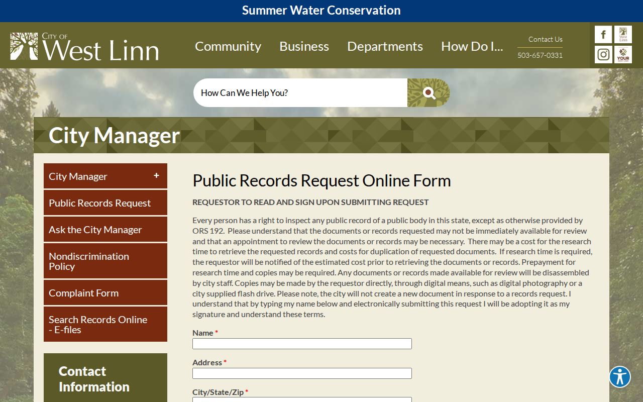 West Linn street directory City public-records request form for address records